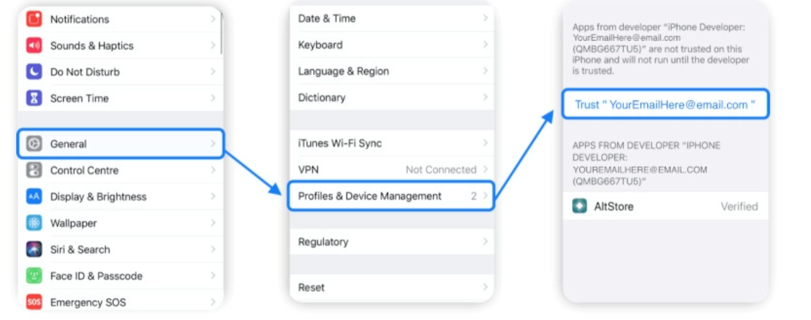 Percayai Profil aplikasi Tinder++ dari pengaturan iOS.