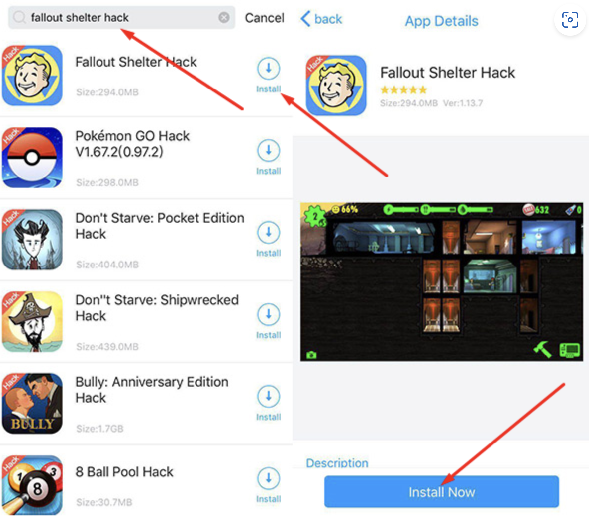 Monitor installation process of Fallout Shelter Game MOD on iOS