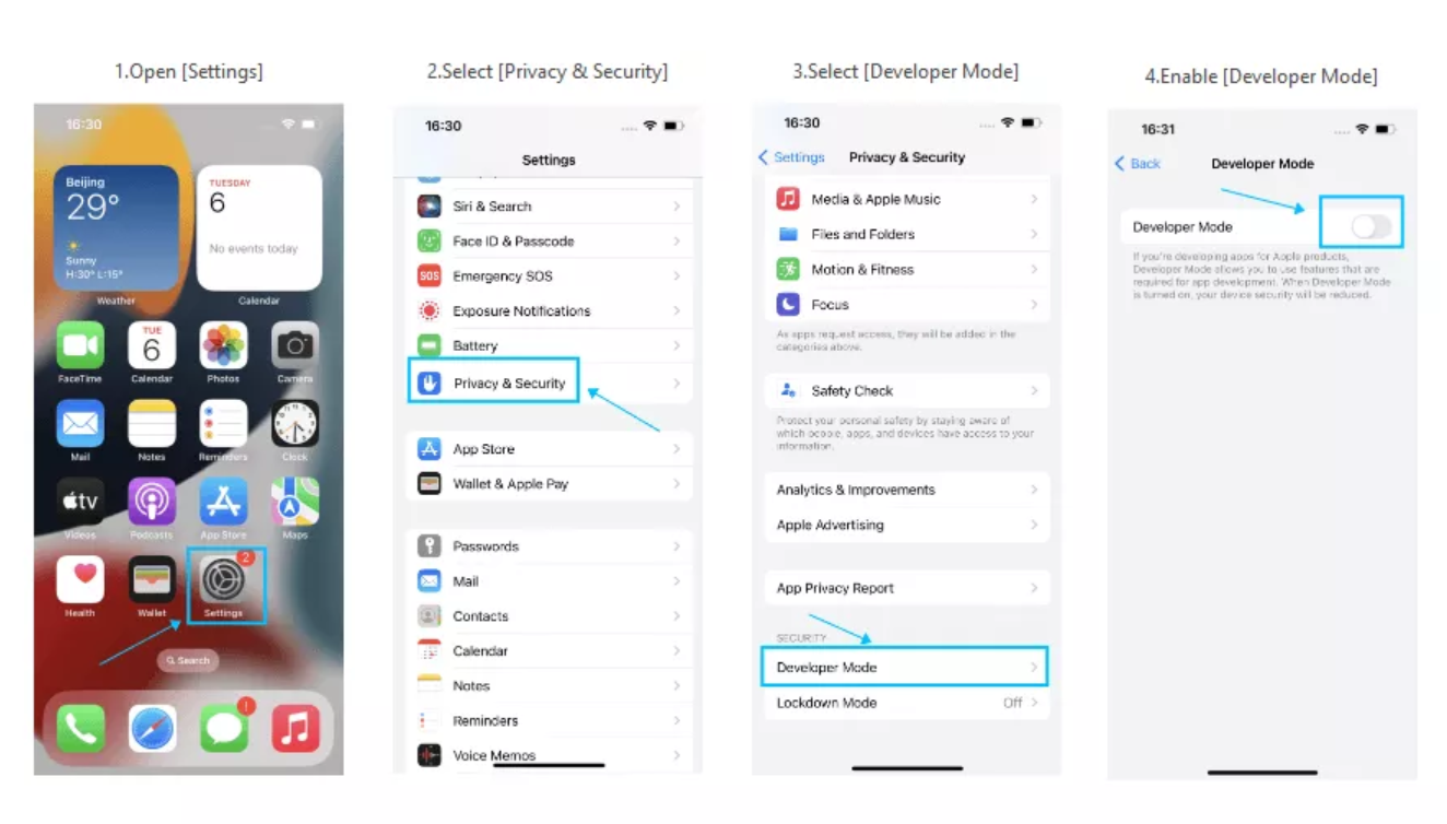 Enable Developer Mode on iPhone from Device Settings.