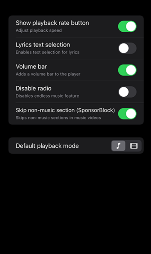 YouTube Music++ Playback Settings on iOS device